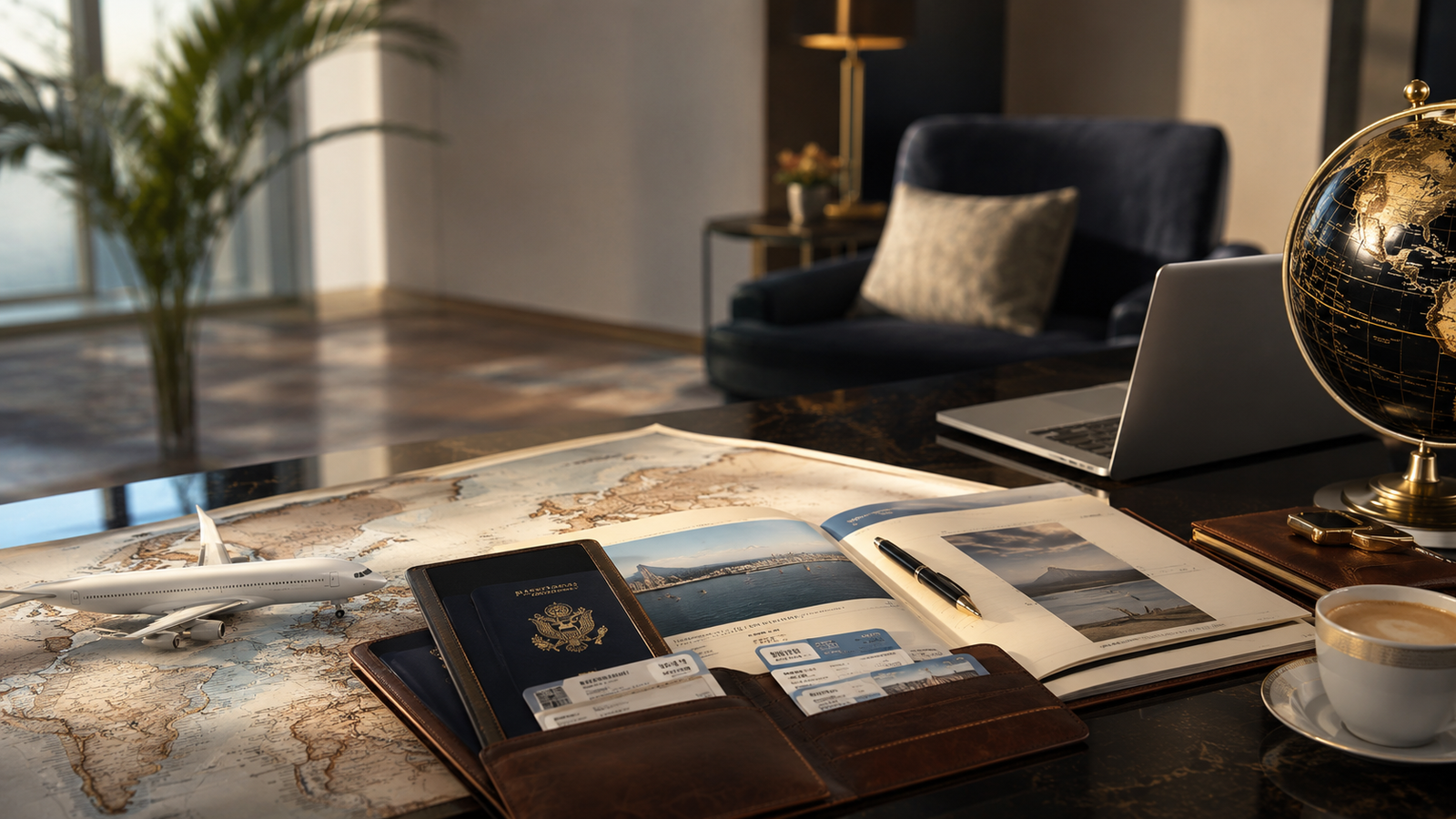 Luxury travel desk with map, passport, boarding passes and globe