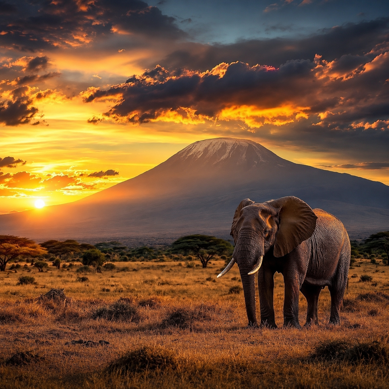 Elephant at sunset near Mount Kilimanjaro, Africa