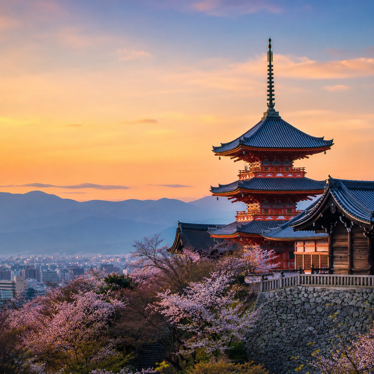 Kyoto pagoda with cherry blossoms at sunset, Asia