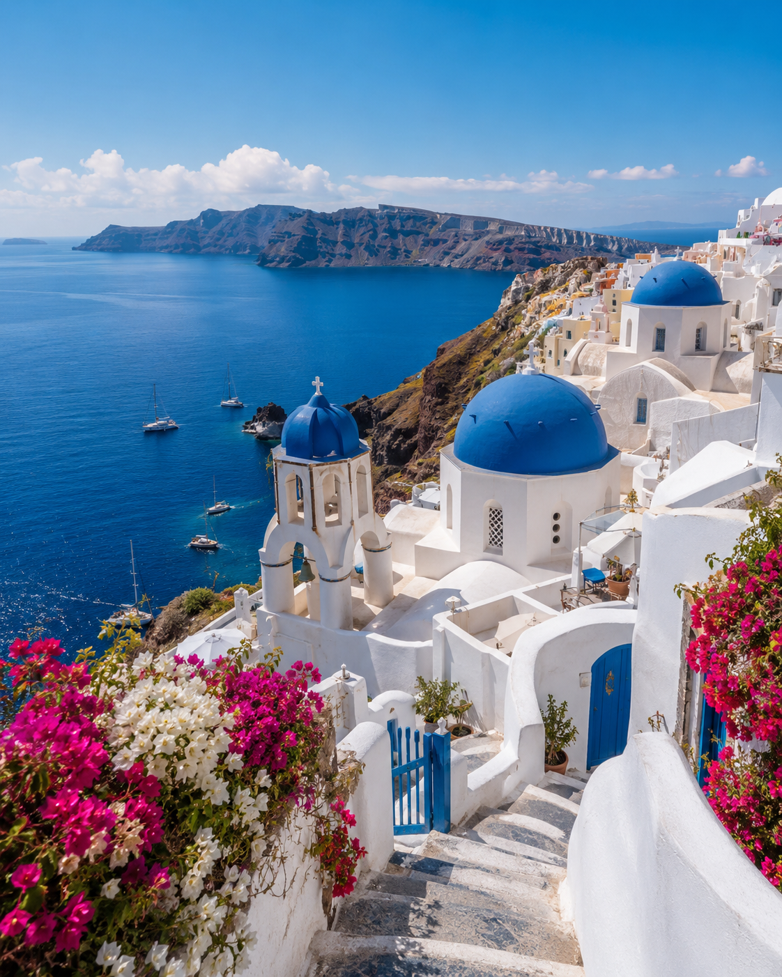Blue-domed churches overlooking the caldera in Santorini, Europe