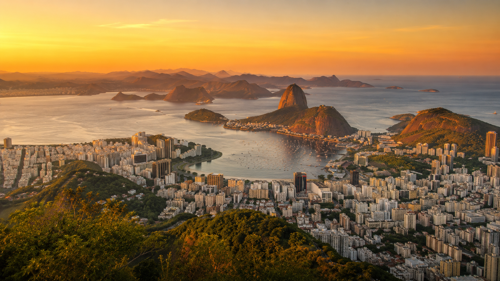 Sugarloaf Mountain and Rio de Janeiro's coastline at sunset, Latin America