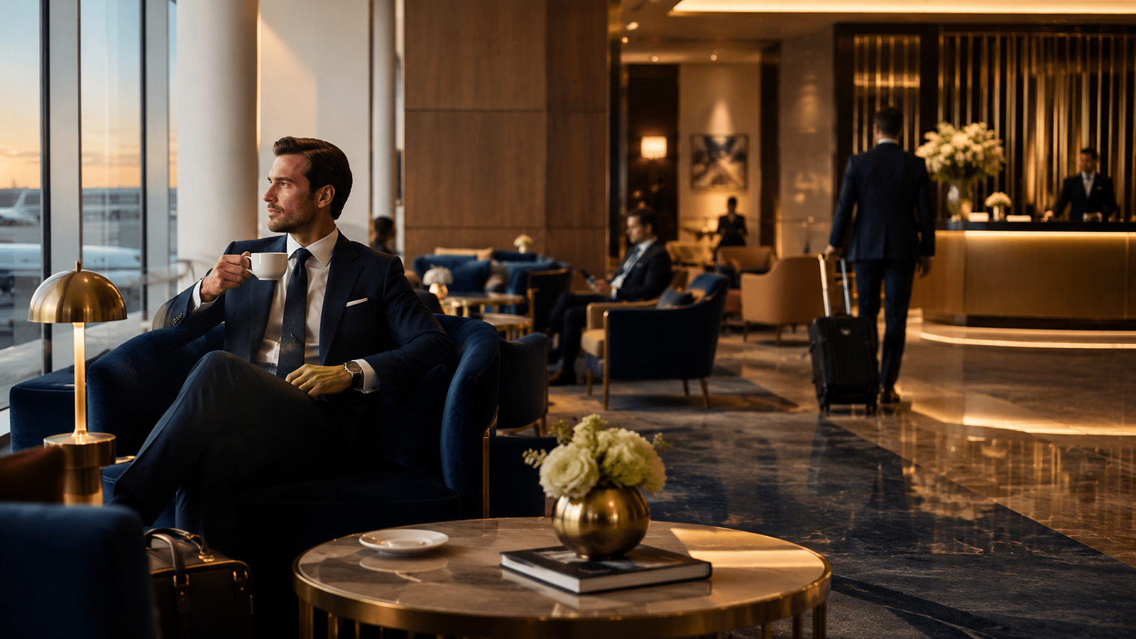 Business traveler relaxing in a luxury airport lounge