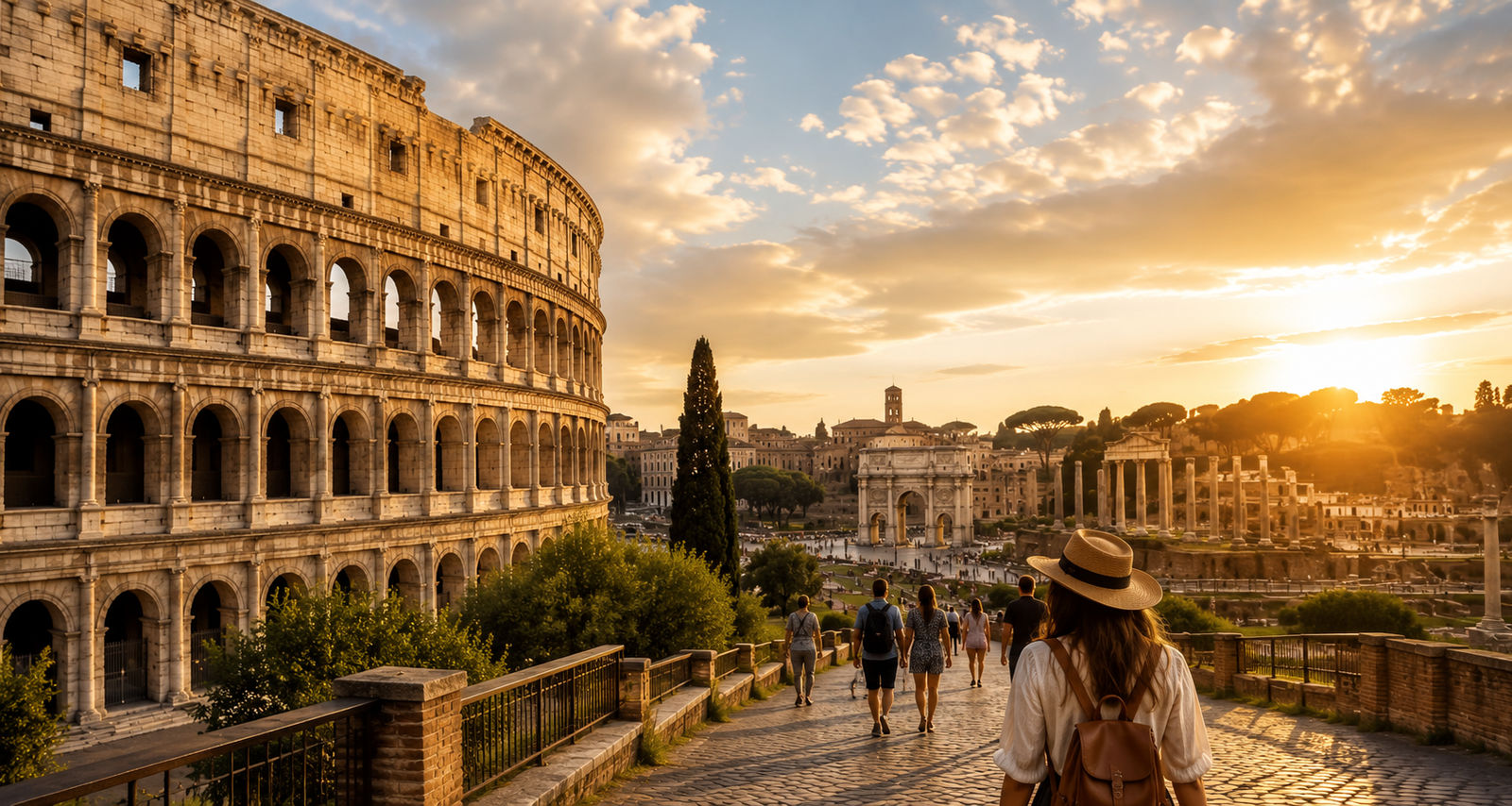 Traveler exploring the Colosseum and Roman Forum at golden hour