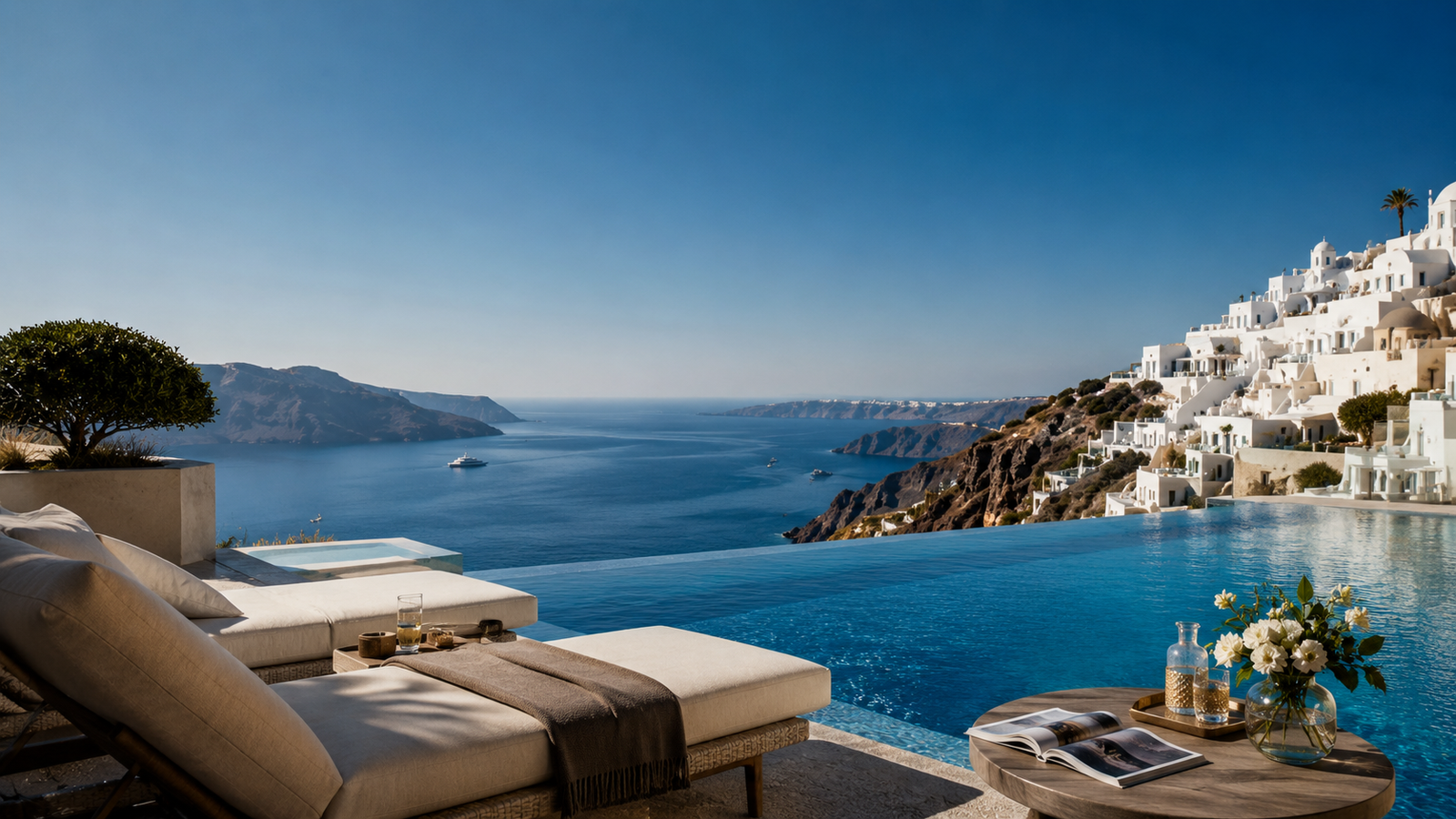 Daytime infinity pool lounge overlooking Santorini's caldera