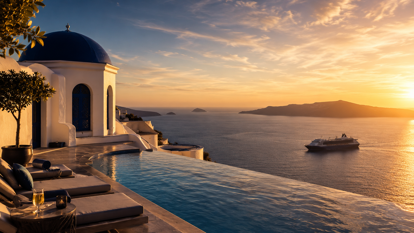Infinity pool overlooking Santorini at sunset with a luxury cruise ship