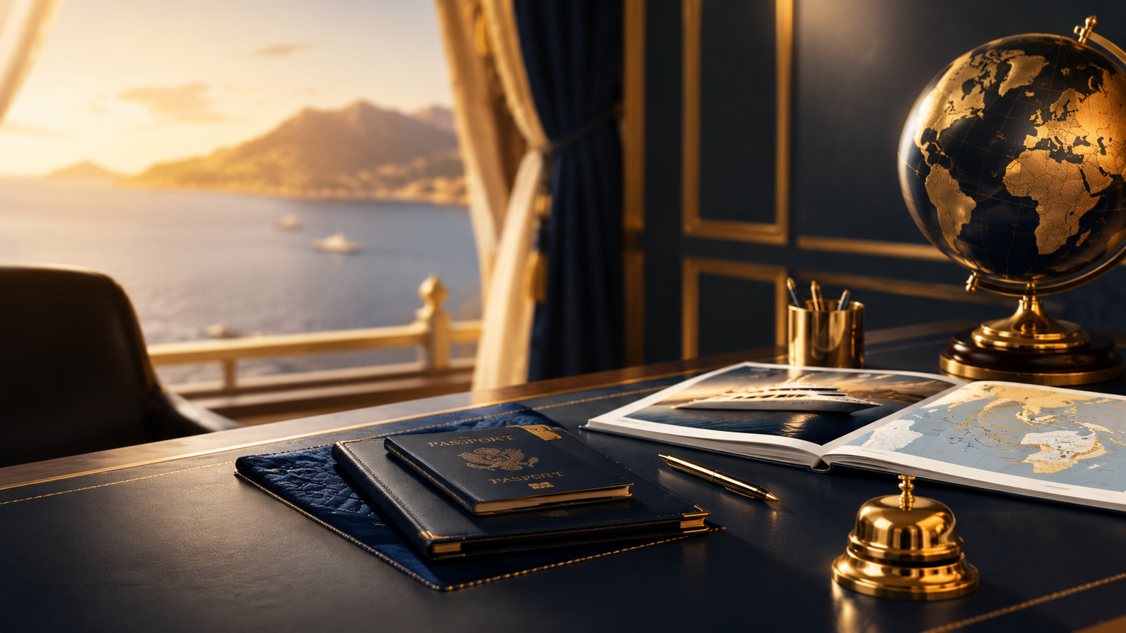 Passports, maps and a globe on a travel planning desk